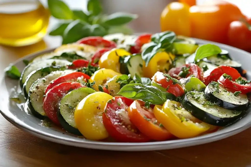 A plated dish of ratatouille with vibrant vegetables and fresh basil