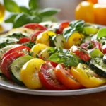 A plated dish of ratatouille with vibrant vegetables and fresh basil