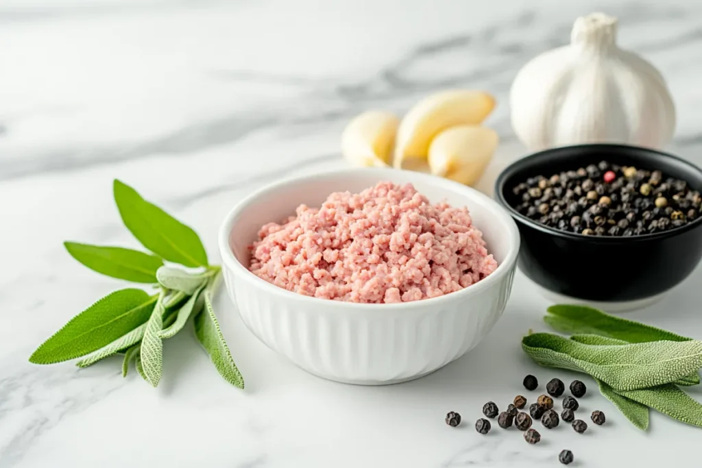 Raw ingredients for turkey sausage including ground turkey and spices