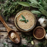 Close-up of a jar of whole grain mustard with a wooden spoon