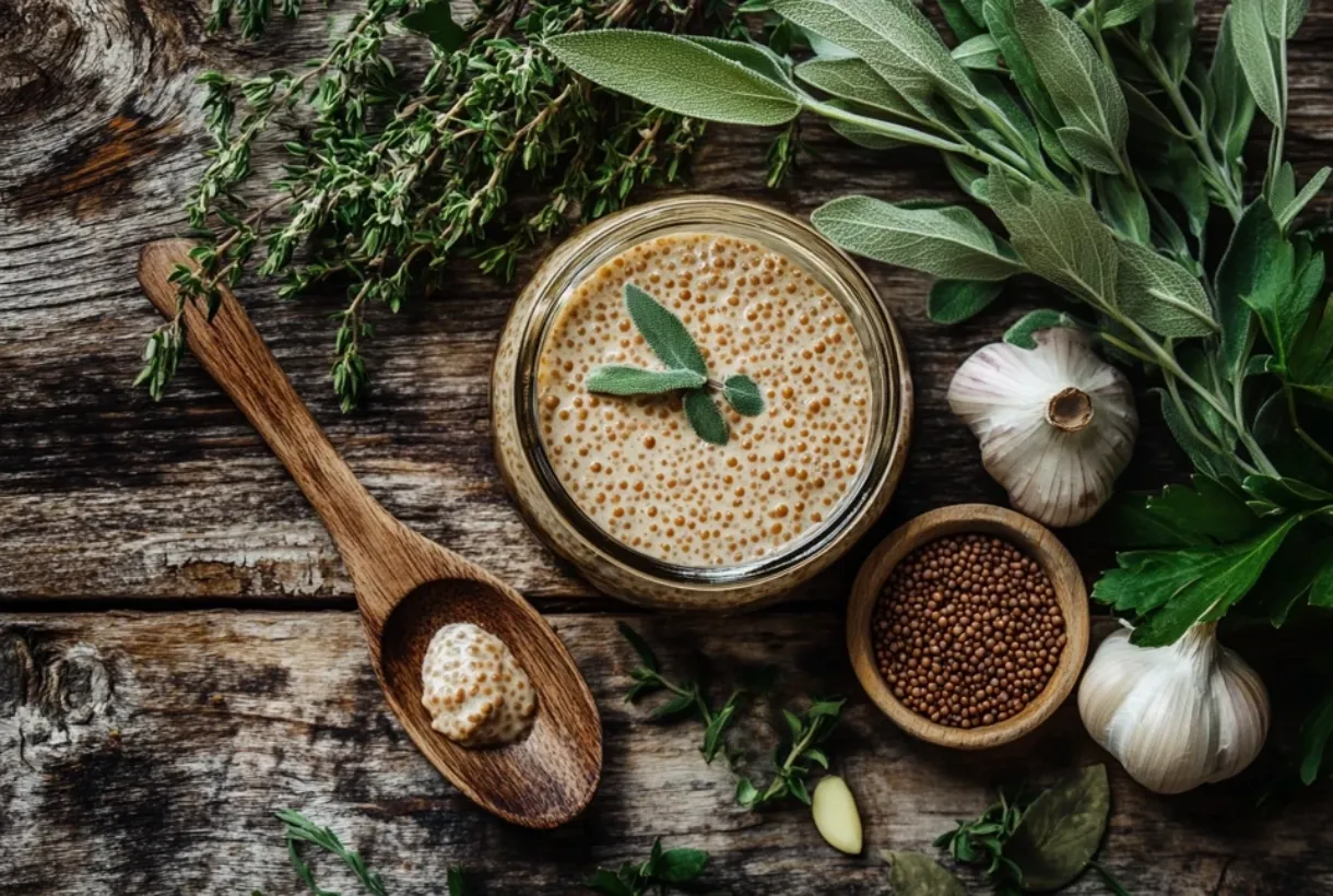 Close-up of a jar of whole grain mustard with a wooden spoon