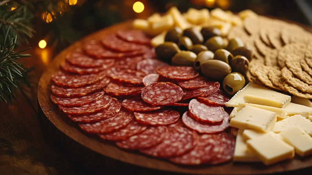 A charcuterie board with sliced beef pepperoni, cheese, and olives.