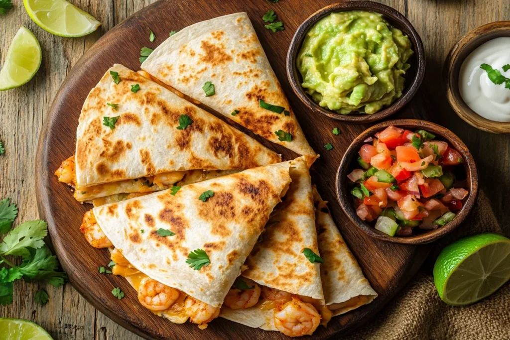 Golden crispy shrimp quesadillas with melted cheese and side dips.