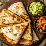 Golden crispy shrimp quesadillas with melted cheese and side dips.