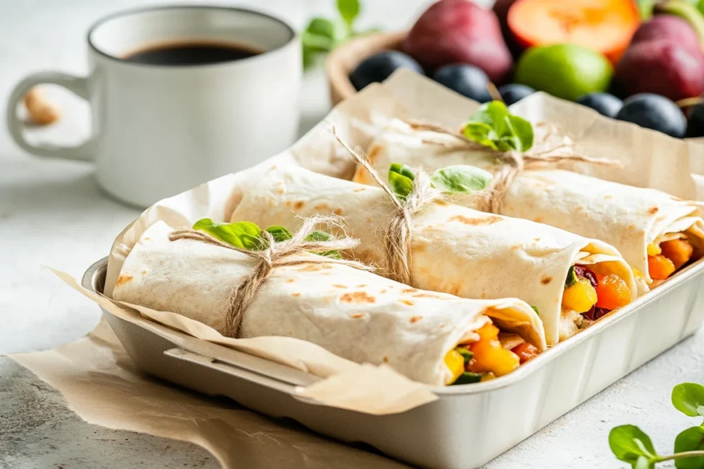 Meal-prepped tasty breakfast wraps stored for easy mornings.