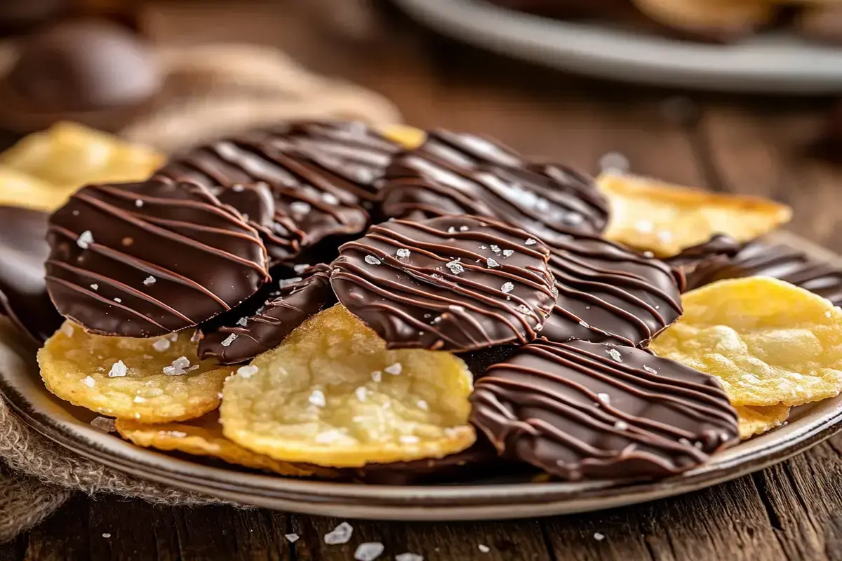 A plate of chocolate covered potato chips with sea salt sprinkles