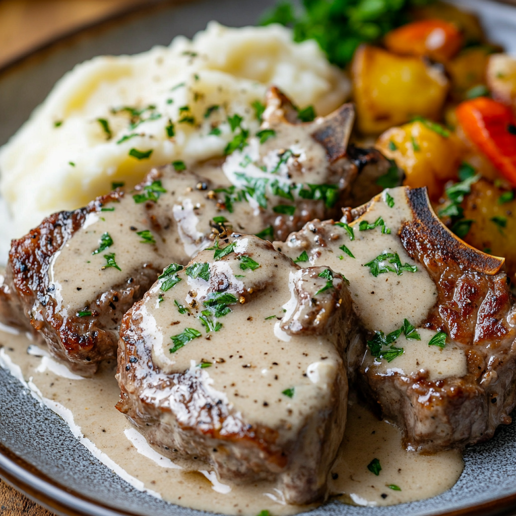 Slow Cooker Ranch Beef Chops served with mashed potatoes