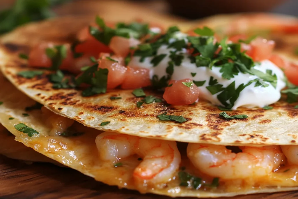 Shrimp cooking in a skillet with tortillas on a griddle.