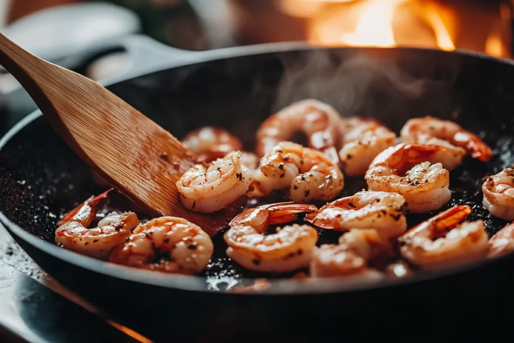 Shrimp being sautéed in a pan with garlic and spices.