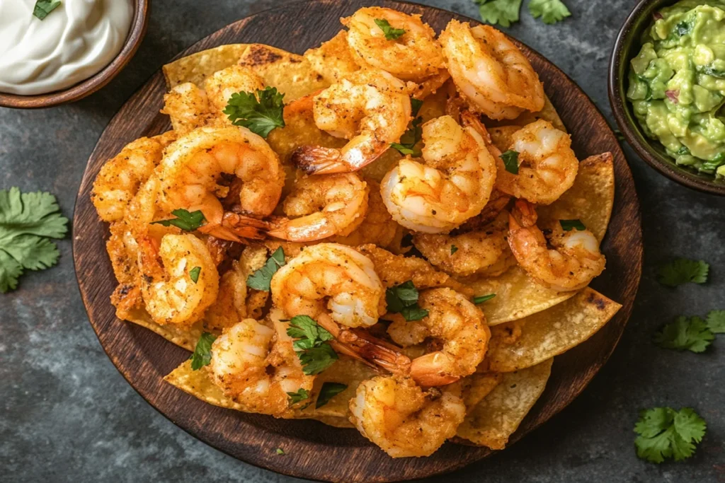 Crispy shrimp quesadillas served with guacamole and salsa.