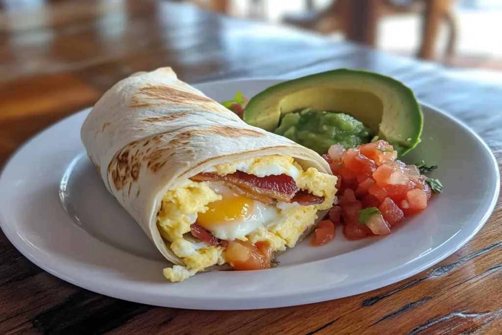 A tasty breakfast wrap with eggs, cheese, and avocado slices.