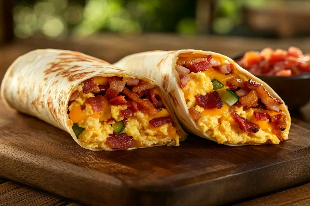 A tasty breakfast wrap cut in half, revealing eggs, bacon, and cheese.