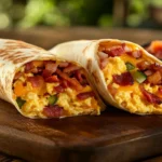 A tasty breakfast wrap cut in half, revealing eggs, bacon, and cheese.