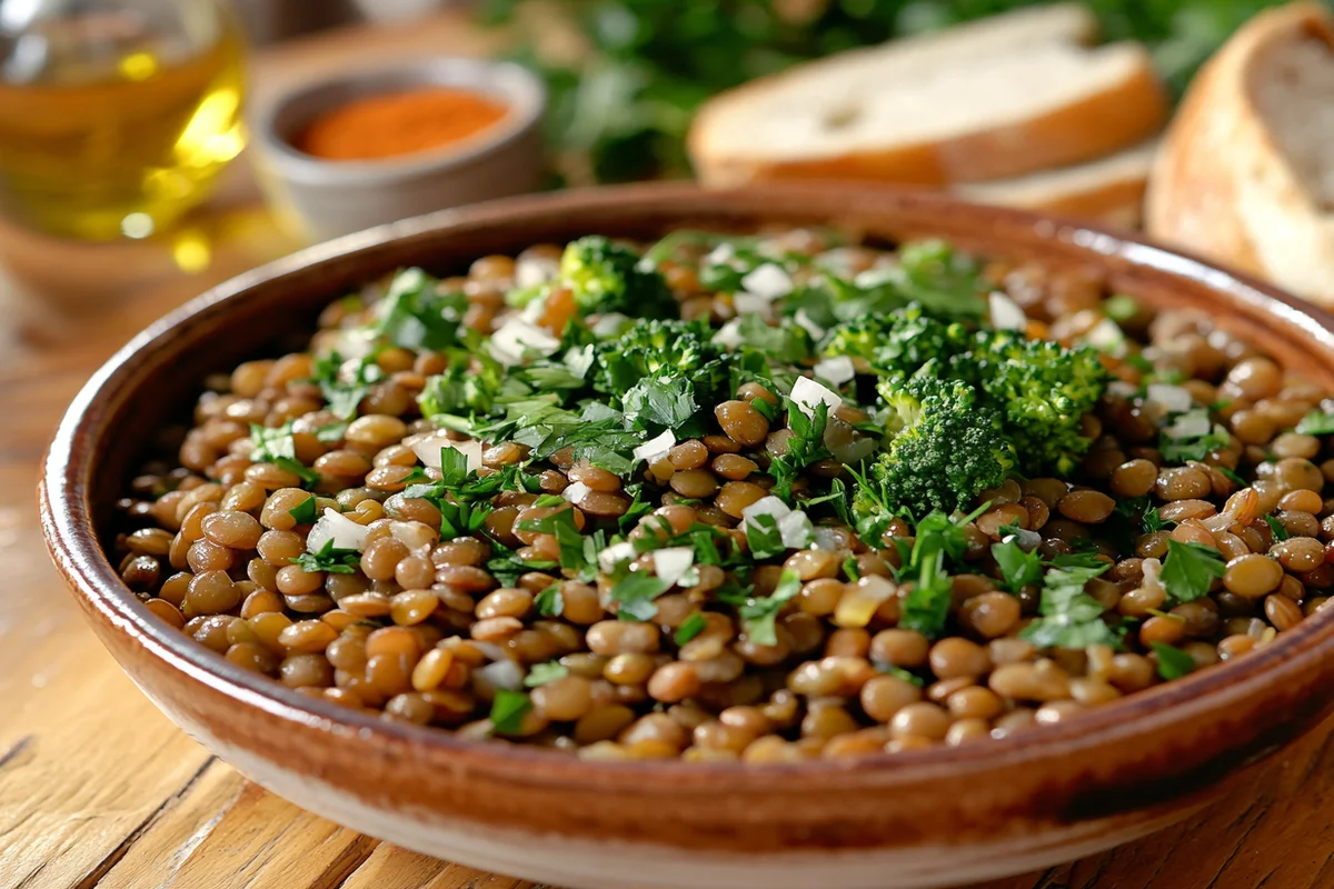 A healthy dish of lentils and broccoli served in a rustic bowl.