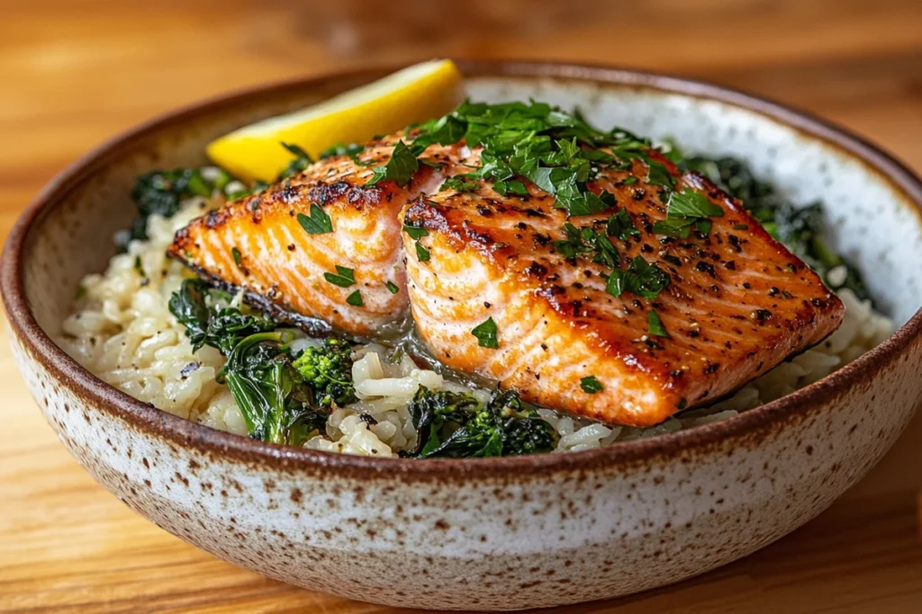 Delicious Salmon Rice Pilaf with Broccoli Rabe