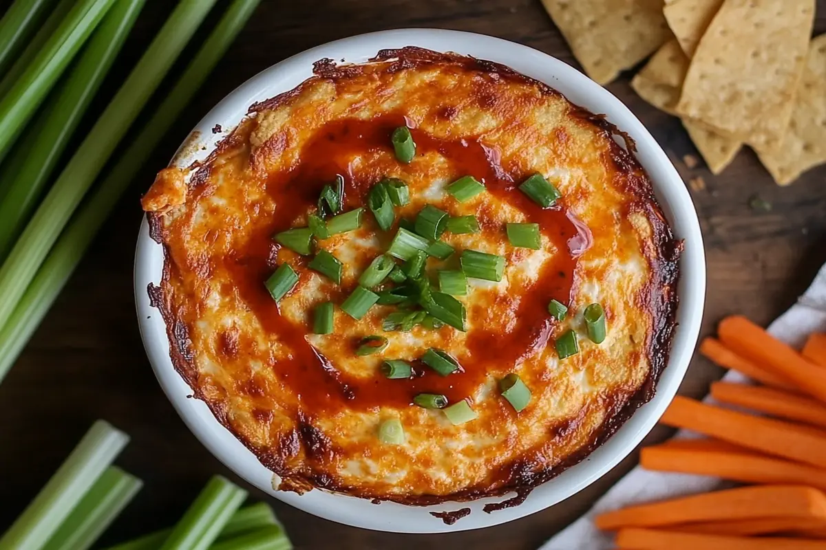 Creamy cottage cheese buffalo chicken dip with veggies and chips.