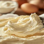 Smooth cream cheese filling being spread on a cake