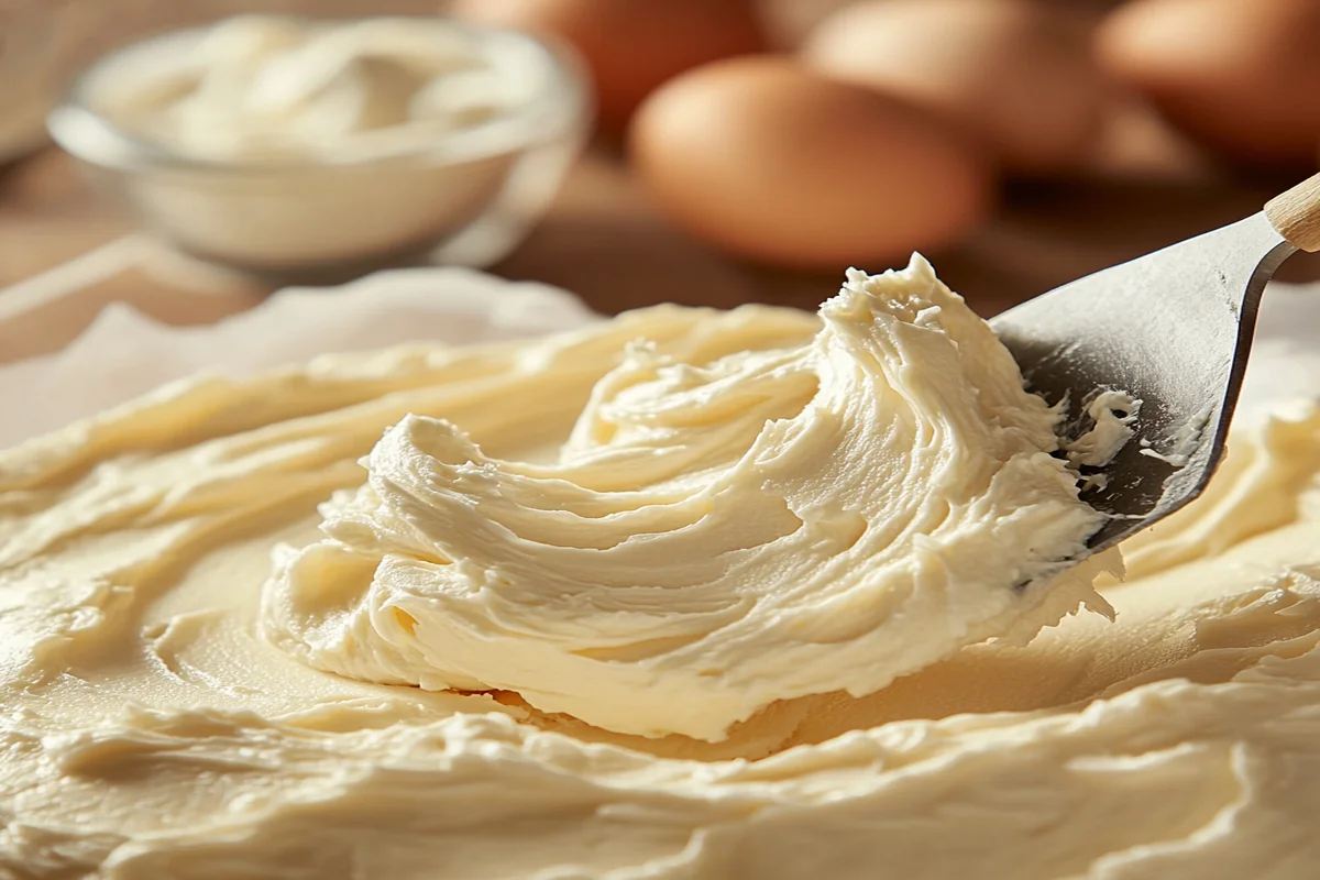 Smooth cream cheese filling being spread on a cake