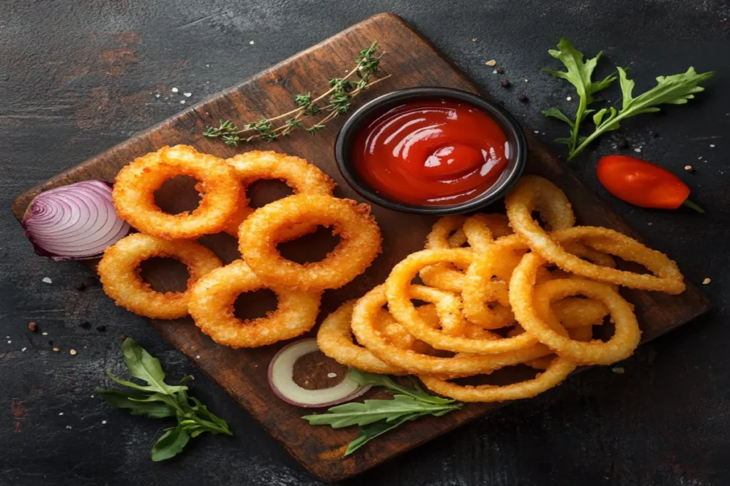 Crispy homemade onion chips served with dipping sauce