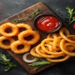 Crispy homemade onion chips served with dipping sauce