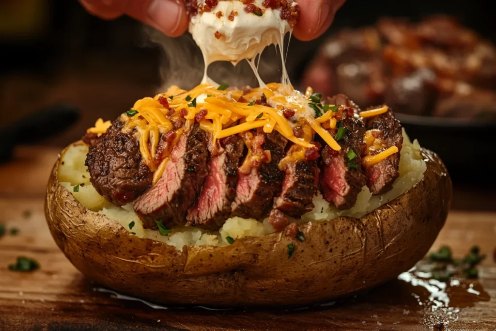 Step-by-step process of assembling a steak-loaded baked potato.