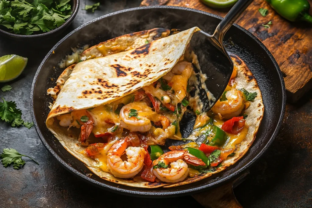  Assembling a shrimp quesadilla with cheese and veggies.