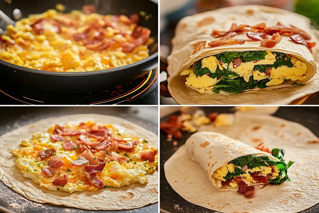 Step-by-step images of making a tasty breakfast wrap.