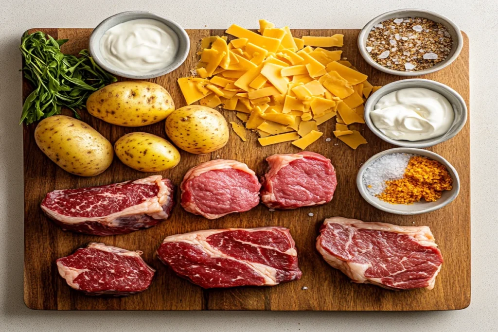 Best ingredients for steak loaded baked potatoes, including steak cuts, cheese, and seasonings.