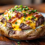 Loaded baked potato with steak, cheese, and crispy toppings