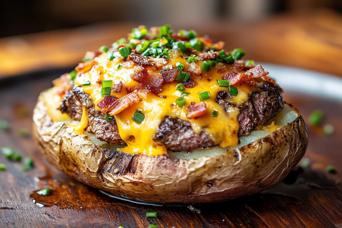 Loaded baked potato with steak, cheese, and crispy toppings