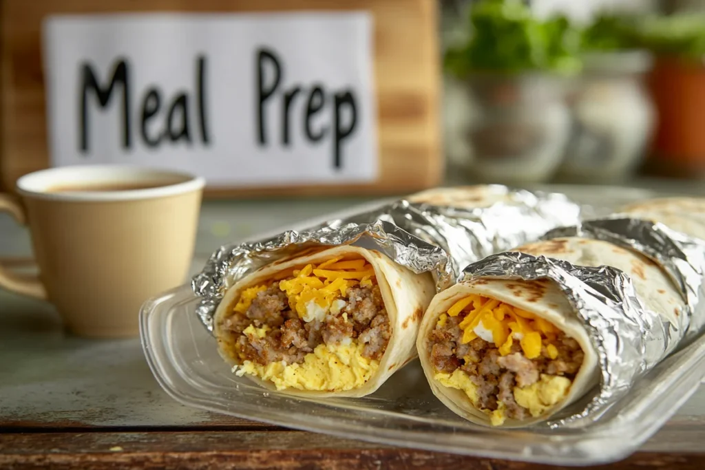 Meal-prepped freezer-friendly breakfast wraps stacked in a container.