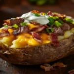 A delicious steak loaded baked potato with cheese, bacon, and sour cream.