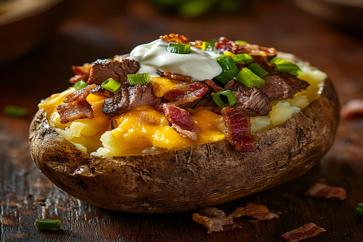 A delicious steak loaded baked potato with cheese, bacon, and sour cream.