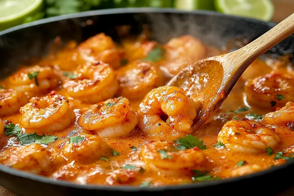 Juicy shrimp cooking in a skillet with garlic and spices