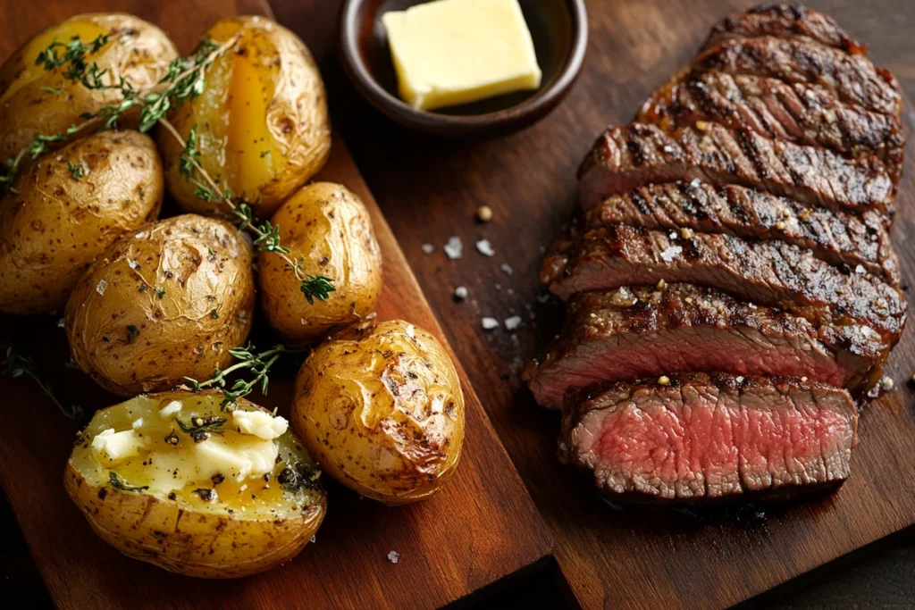 Freshly sliced ribeye steak next to baked potatoes