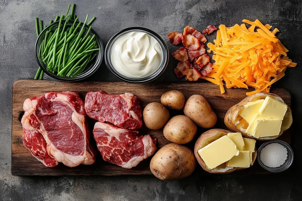 Fresh ingredients for making loaded baked potatoes with steak