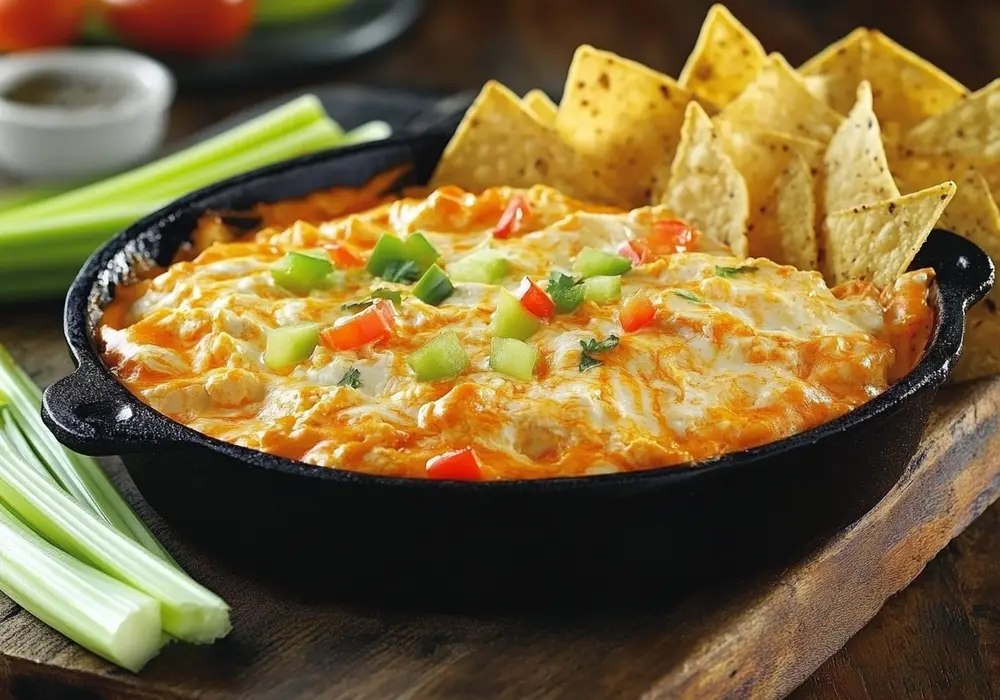 Cottage cheese buffalo chicken dip served with veggies and chips.