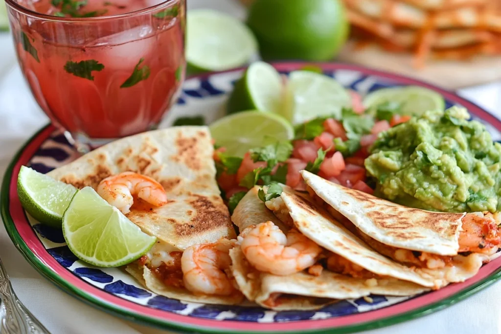 Shrimp quesadillas with guacamole and a refreshing drink.