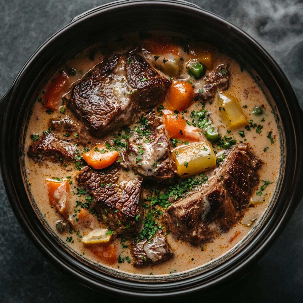 Slow Cooker Ranch Beef Chops cooking in a crockpot