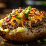 A plated steak loaded baked potato with cheese, bacon, and green onions