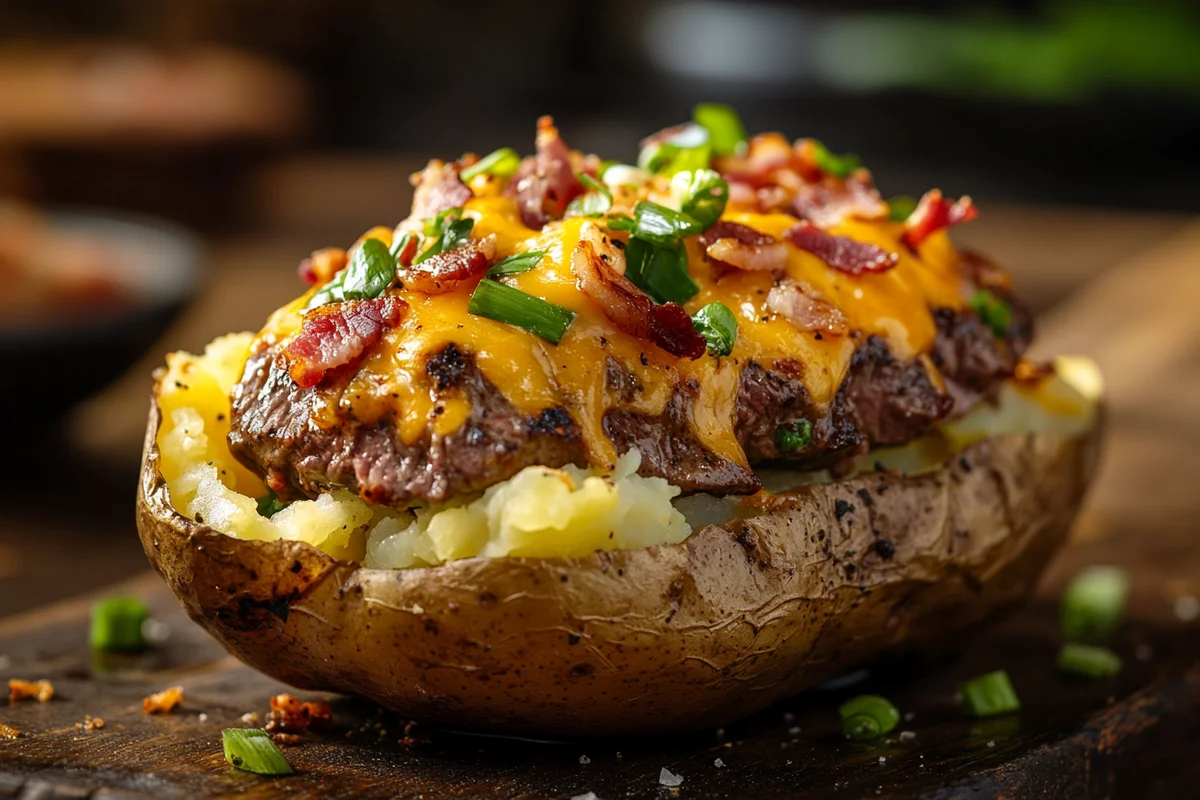 A plated steak loaded baked potato with cheese, bacon, and green onions