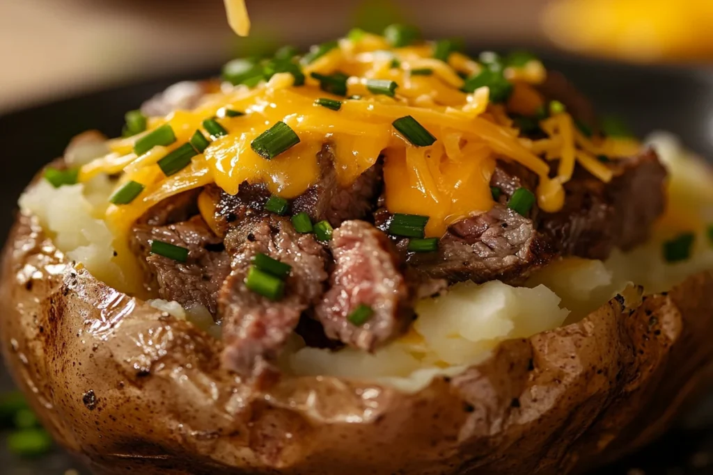 Assembling a loaded baked potato with steak and cheese