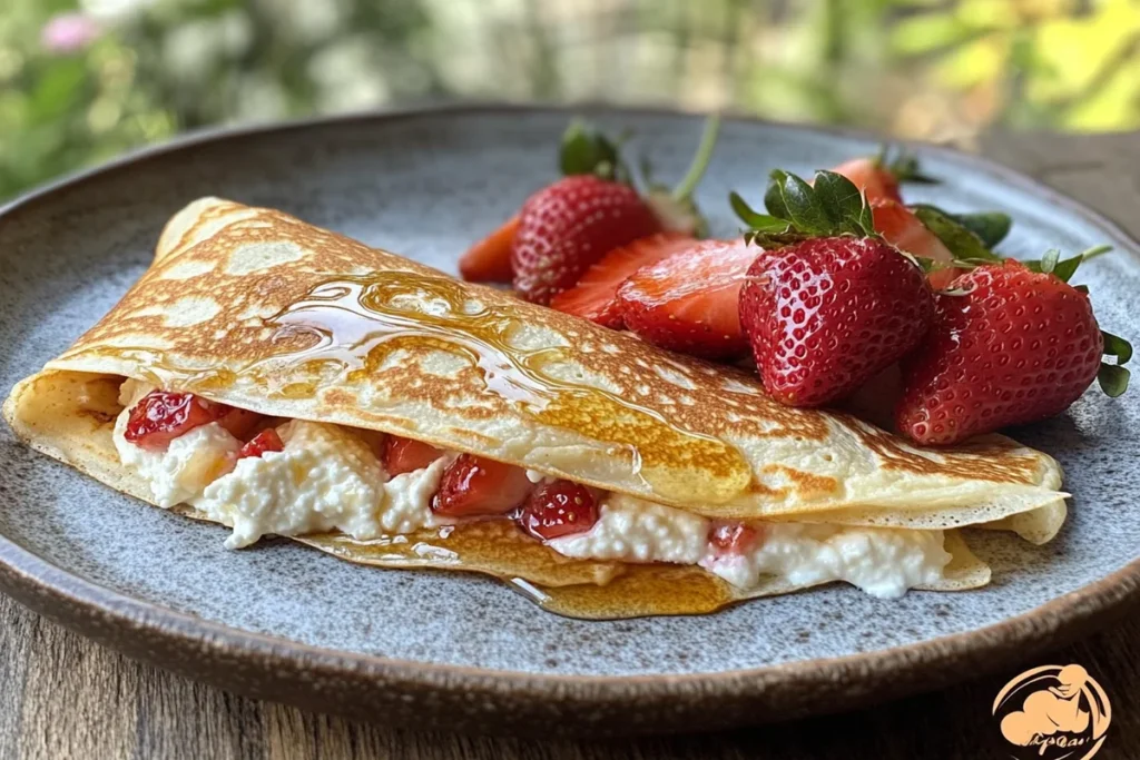 Strawberry Ricotta Crepes on a Rustic Table