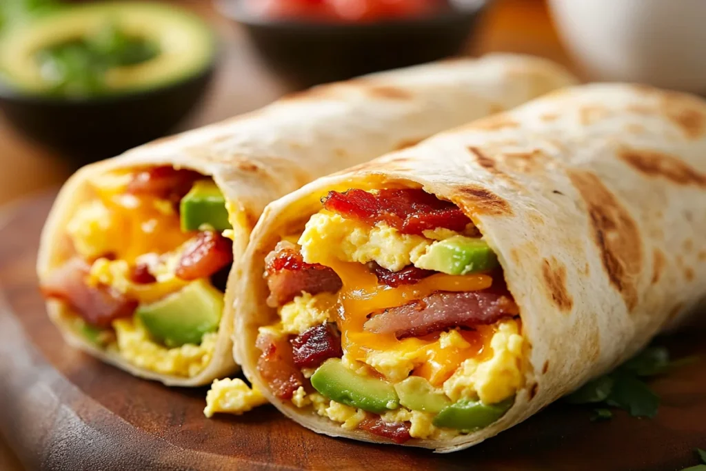 Close-up of a tasty breakfast wrap with eggs, bacon, and avocado.