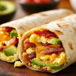 Close-up of a tasty breakfast wrap with eggs, bacon, and avocado.