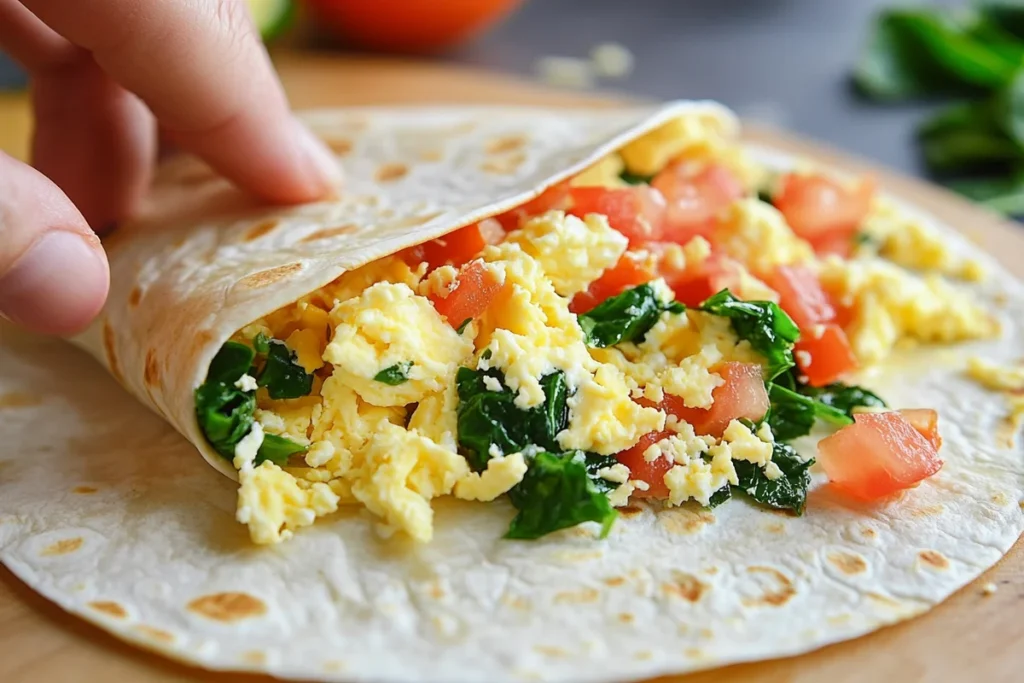 Hands folding a tasty breakfast wrap with eggs and cheese.