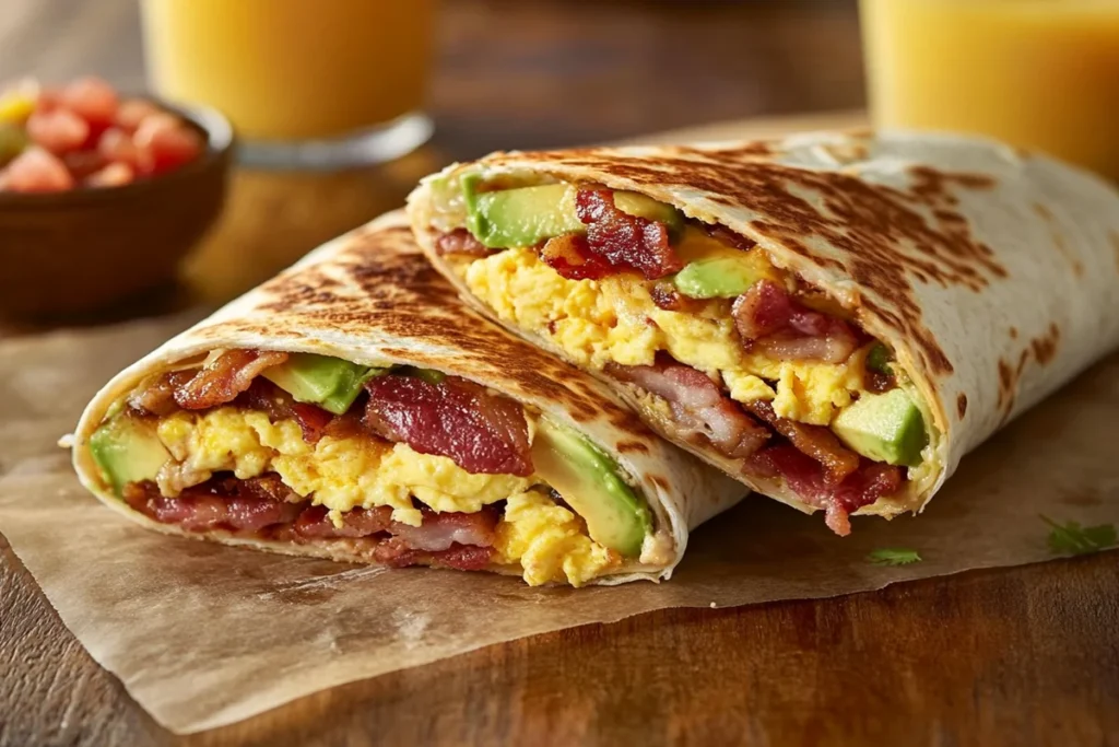 Delicious homemade tasty breakfast wrap with eggs, bacon, and avocado.