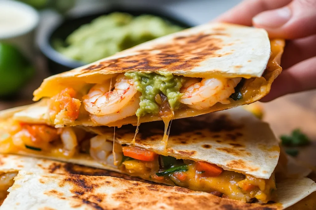 A slice of shrimp quesadilla being dipped into guacamole.