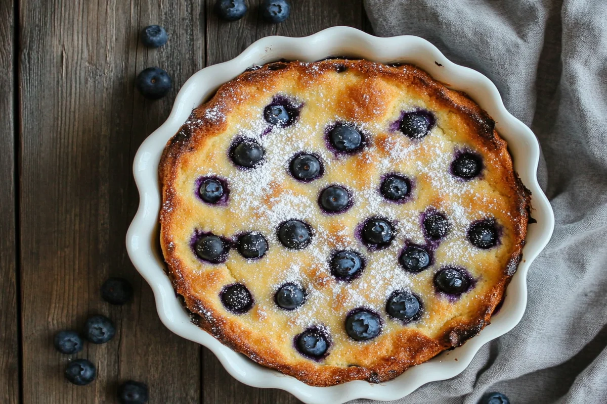 Plated slice of Blueberry Cottage Cheese Breakfast Bake with yogurt and honey