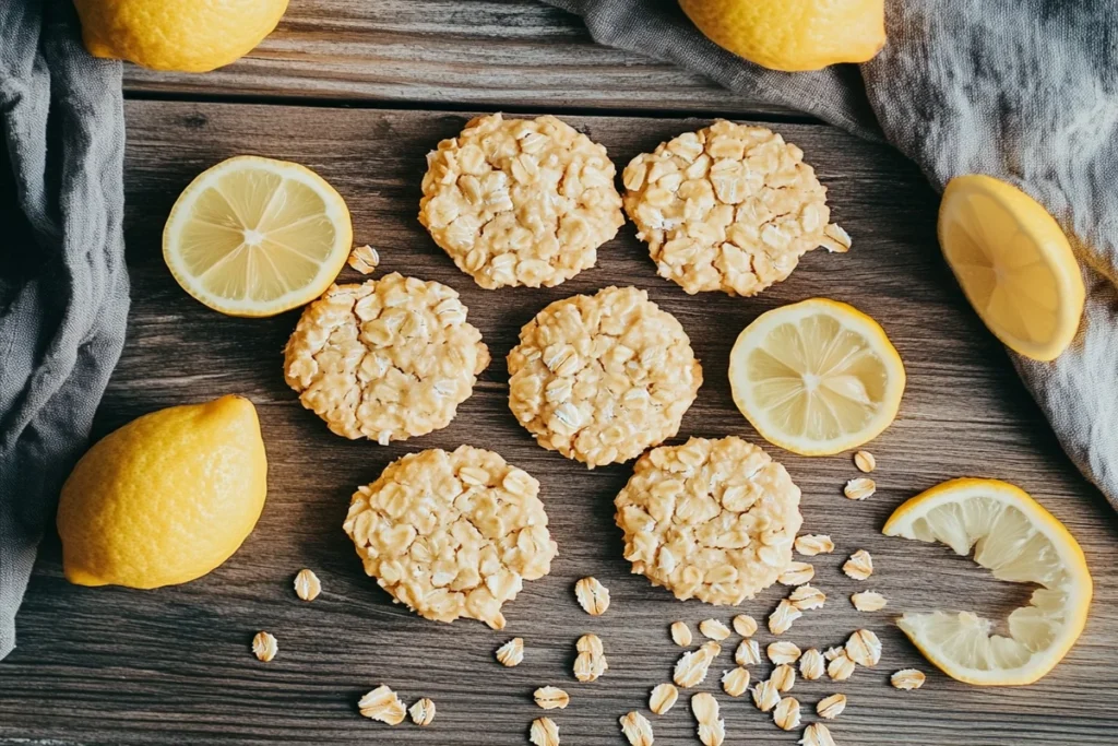 Lemon Oatmeal No-Bake Cookies on a rustic table with lemon slices and oats.